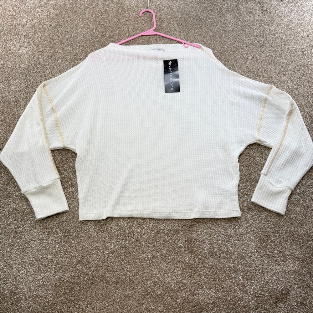 Paper Crane Womens Medium White Waffle Knit Thermal Top Contrast Stitch NEW Fall